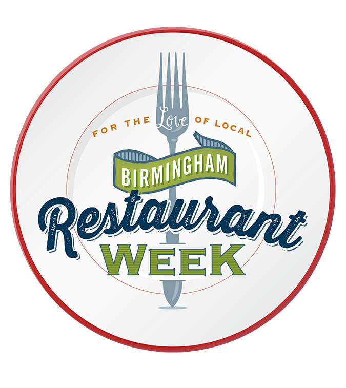 Birmingham Restaurant Week Logo featuring a circle plate with a fork and the works "For the Love of Local" and "Birmingham Restaurant Week"